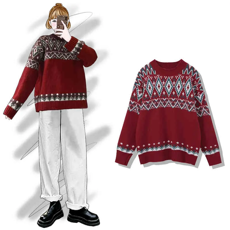 H.SA Donne Vintage Argyle Pullover Oversize Brutto Maglione di Natale e Maglioni Pull Maglia Top 210417