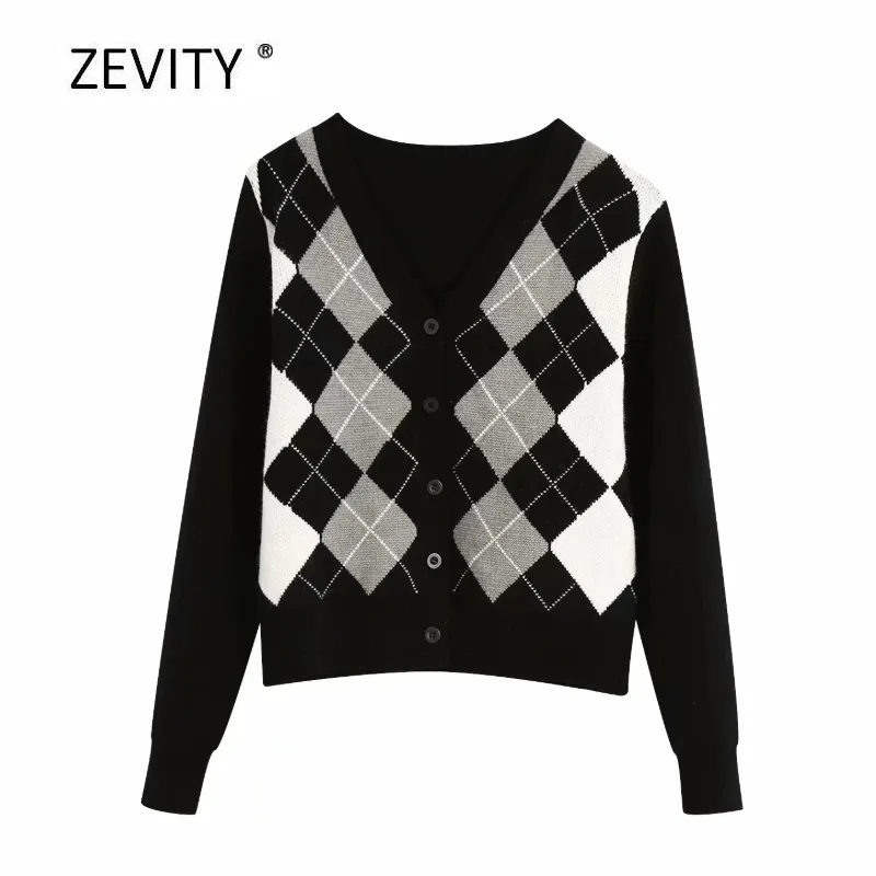 England Stil Kvinnor Vintage Rhombus Pattern Stickning Casual Slim Sweater Kvinna Cardigan Chic Retro Toppar S302 210420