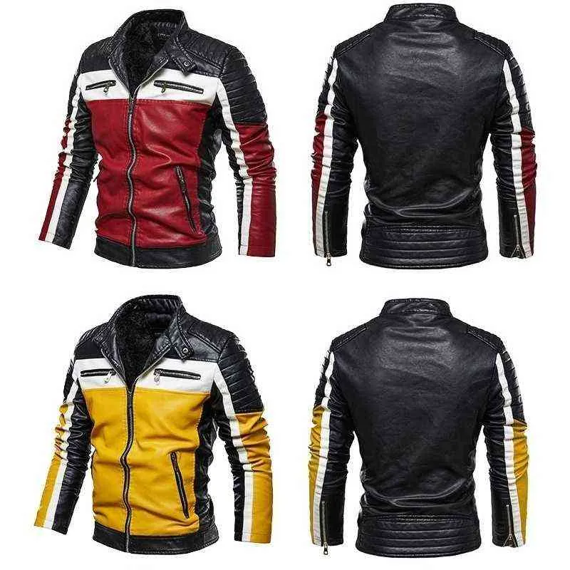 Mannen Geel Leren Jas Patchwork Biker Jas Mannen Casual Rits Jas Mannen Motorjas Slim Fit Bont Gevoerde Uitloper jas 211101