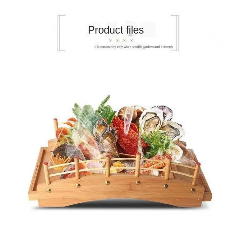 Diskplattor japansk-stil sushi båt trä båge gabelformade färsk skaldjur av sashimi matlagning tallrik drakplatta221f