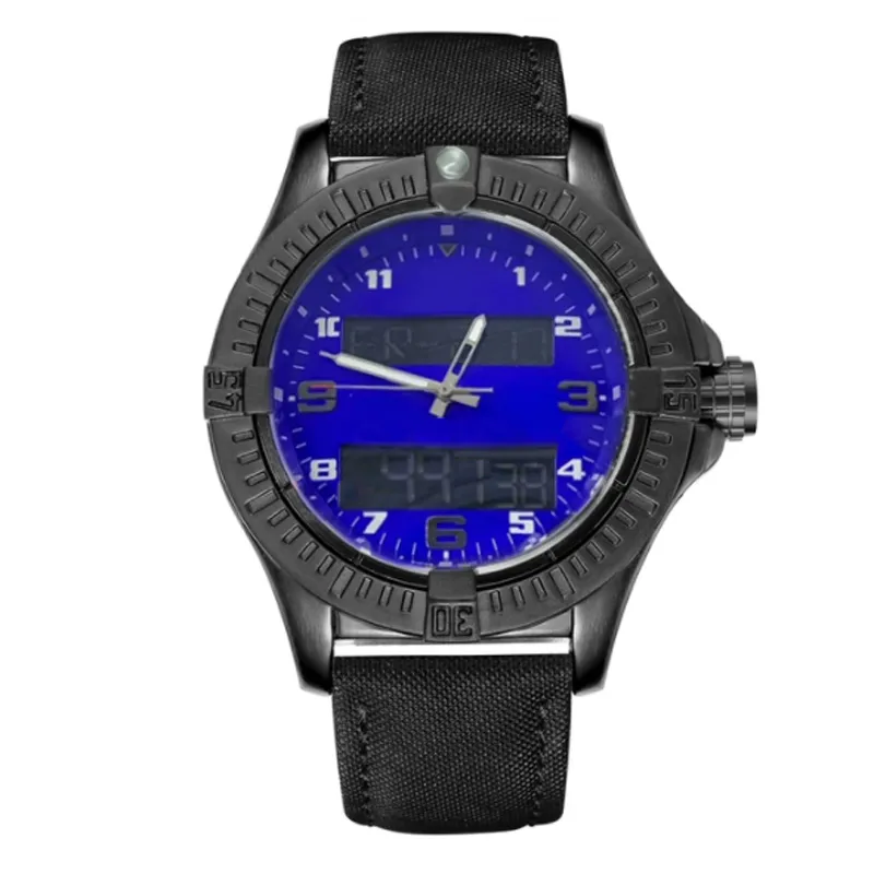 Fashion Blue Dial Watches Mens Double Fuseau horaire Fidal Watch Electronic Pointer Display Montre de Luxe Wrist Wrists Strap Rubber Male Clock312O