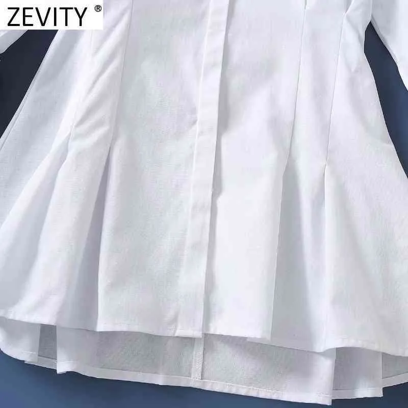 Frauen elegante Falten unregelmäßige weiße Mini-Shirt-Kleid weiblich einfach beiläufige dünne Vestido Chic Business-Kleidung DS4941 210416
