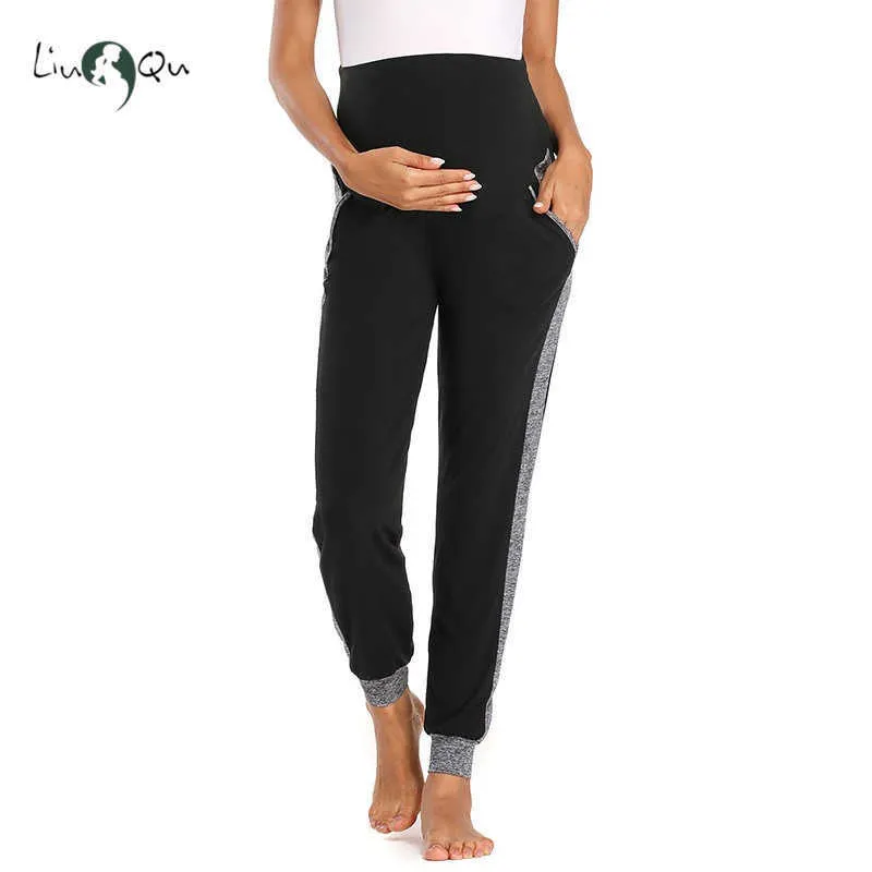 Kvinnors Maternity Vik över bekväma loungebyxor Graviditetskläder Super Soft Jogger Sweatpants med fickor 210918