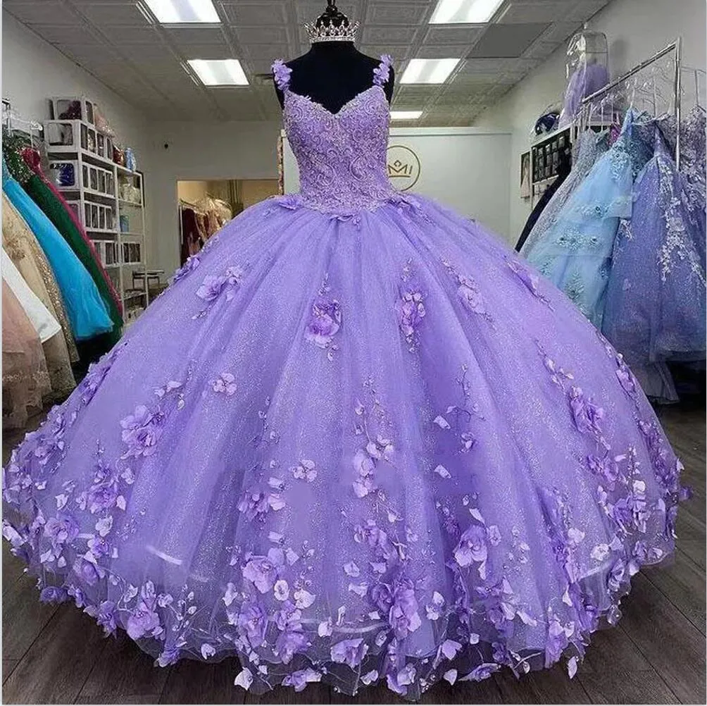 2022 Lavendel Quinceanera Kleider Blumen Perlen Kristall mit Wraps Blumenapplikation Sweetheart Sweet 16 Kleid Ballkleider Princess256A