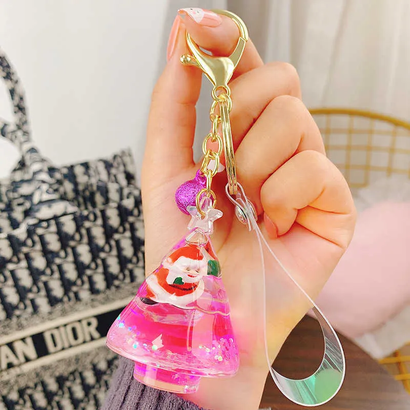 Mignon créatif Santa cristal porte-clés de luxe flottant mignon Mobile liquide Quicksand porte-clés femme sac bijoux pendentif porte-clés G1019