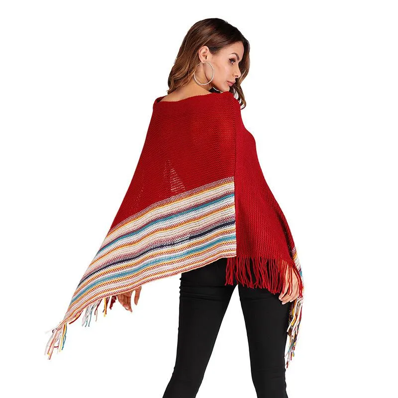 Lenços Primavera Mulheres Luxo Malha Poncho Cape Designer Pulôver Suéteres Manto Irregular Tassel Femme Outono Listrado Shaw329d