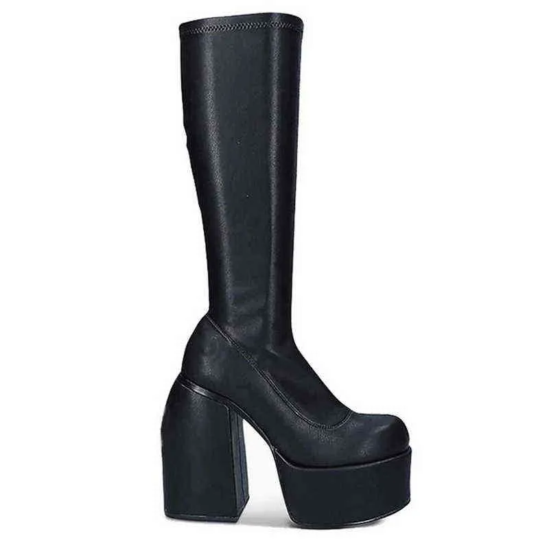 Punk Style Automne Hiver Bottes Élastique Microfibre Chaussures Femme Cheville Bottes Talons Hauts En Cuir Noir Boot Plate-Forme Chaussures Pour Femmes 211109