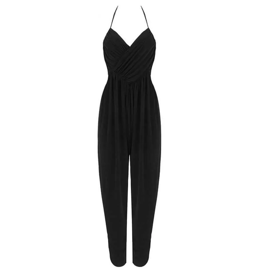 Zomer vrouwen leger groene sexy mouwloze halter v-hals geplooide beroemdheid partij jumpsuit 210527