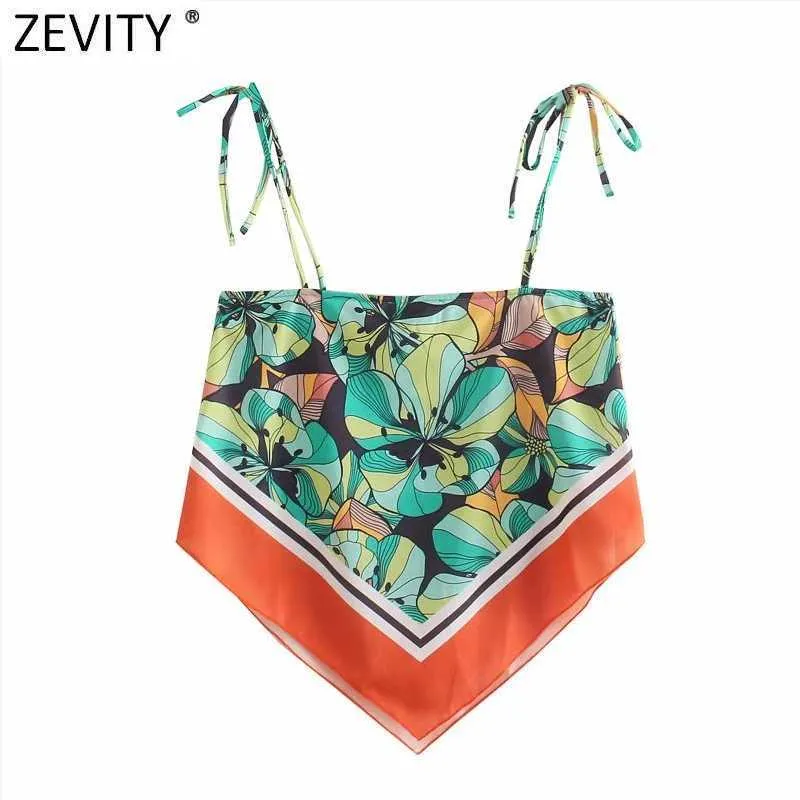 Zevity Women Tropical Floral Print Spaghetti Strap Chic Camis Tank Kvinna Retro Sommar Lace Up Vest Beach Sling Tops LS9380 210603