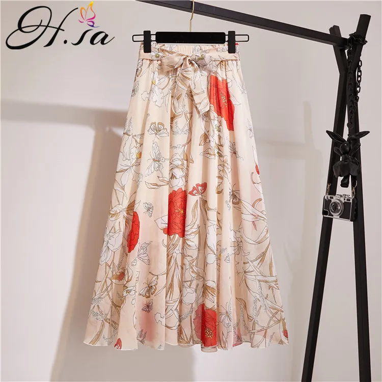 Hsa verano falda mujer pajarita cintura elástica largo plisado Saias Floral gasa Kawaii Tutu s jupe longue femme 210430