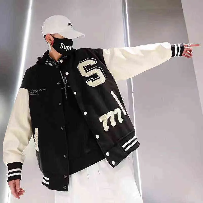 Printemps et automne Hip-Hop Patchwork Emrboid hommes Letterman Baseball Bomber Jacket Uninsex Couple Stadium Coat Street 211126