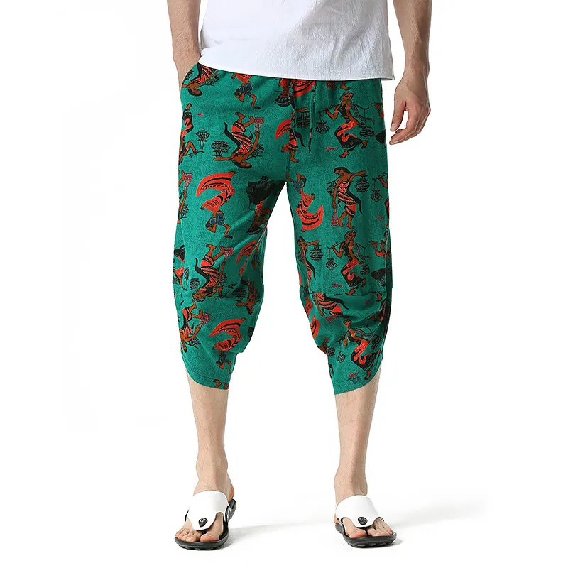 Yeşil Erkek Pantolon Keten Buzağı Uzunlukta Baskı Pantolon Erkekler Hawaii Baggy Harem Pantolon Rahat Nefes Harajuku Streetwear 210524