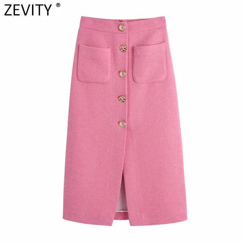 Zevity Women Vintage Pocket Patch Breasted Tweed Woolen Split Slim Skirt Faldas Mujer Ladies Back Zipper Chic Vestido QUN789 210708