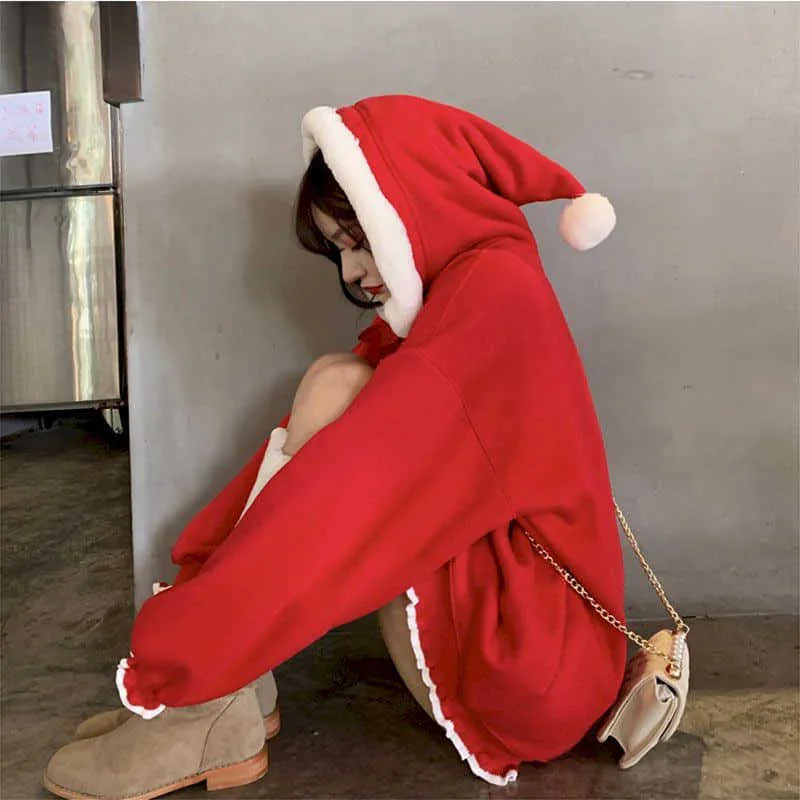 크리스마스 후드 여성 탑스 재킷 가을과 겨울 두건 붉은 땀 셔츠 년 옷 여성 플러스 벨벳 두꺼운 210526