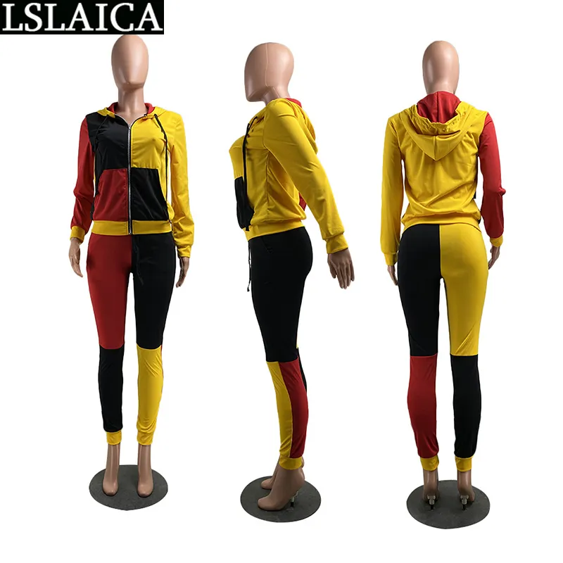Mode Mit Kapuze Sweatshirtwoman Hosen Casual Farbe Passenden Zwei Stück Outfits für Frauen Reißverschluss Lose Roupas Femininas 210515