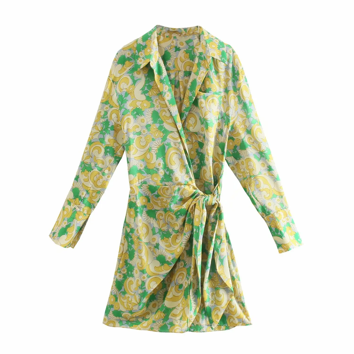 Vuwwyv wrap jurk vrouw groene print geplooide korte jurken vrouwen zomer lange mouw uitgaan dames mini vintage 210430