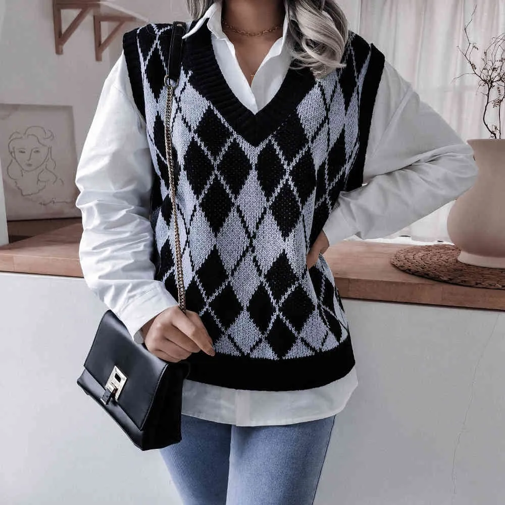 Moda Diamond-shaped V-Neck Casual Solta Solta Vest Sweater Feminino Colete Sem Mangas Camisolas para Mulheres High Street 210514