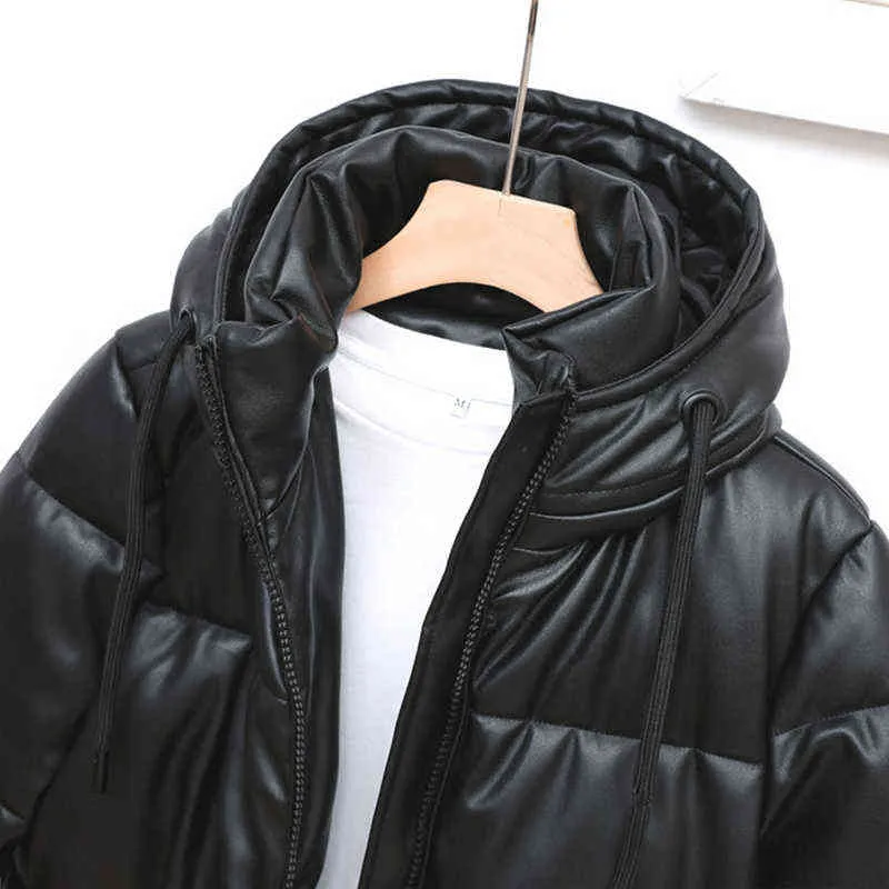 Winter Black PU Leather Parkas Women Long Overcoats Elegant Thick Warm Hooded Jacket Coats Cotton Padded Puffer Jackets Femme 211216