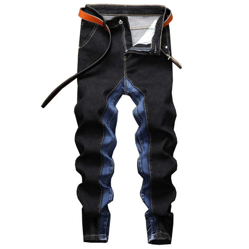 Brand Design Blue Black Contrast Stitching Men Stretch Skinny Jeans Male Streetwear Fashion Biker Jeans Denim Pants Trousers X0621