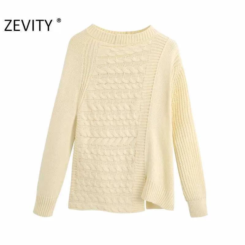 Zevity moda donna twist patchwork orlo irregolare maglione lavorato a maglia donna manica lunga maglioni casual chic top autunnali S394 210603