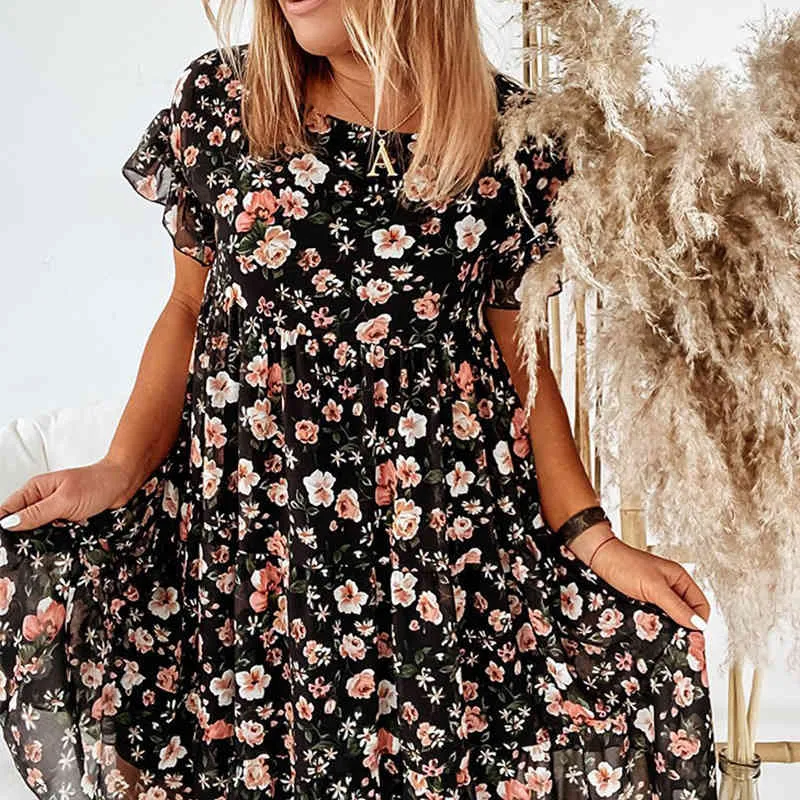 Foridol casual floral print zomerjurk ruche boho losse extra grote korte jurk o hals zwarte chiffon jurk kleding vrouwen 210415