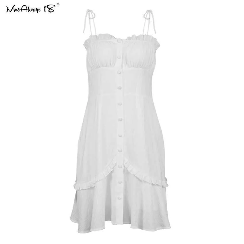 Mnealways18 algodón blanco correa de espagueti Sexy Bodycon vestido mujeres pecho Mini vestido de verano con cordones señoras corsé vestido 2021 Y0603