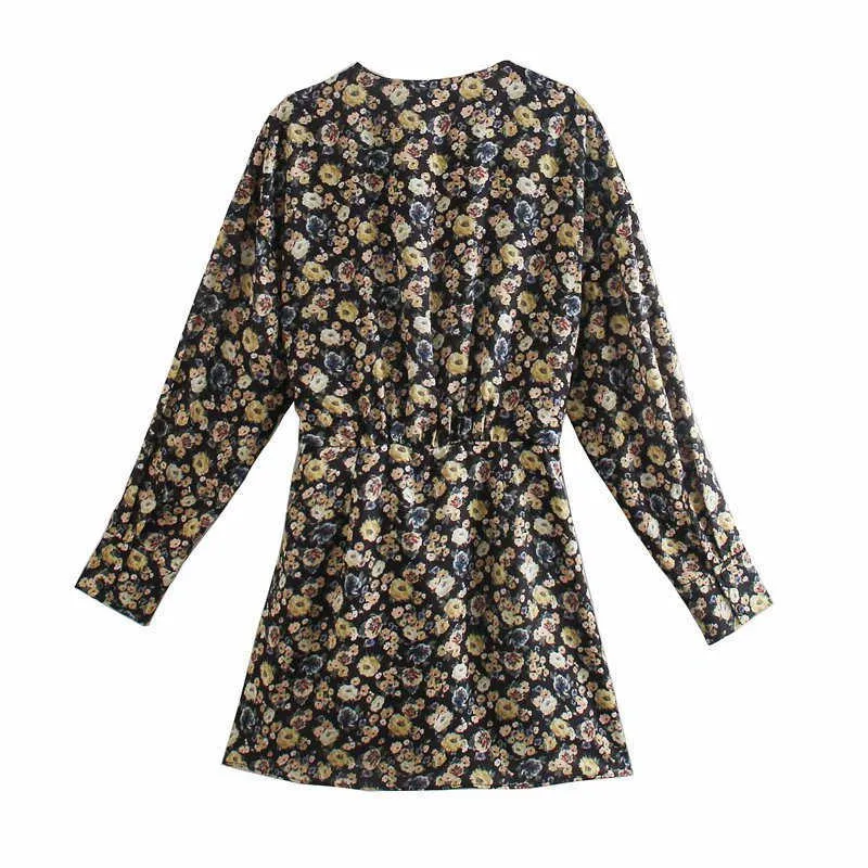 Za Vintage Floral Print Wrap Mini Dress Women Long Sleeve Crossover Front with Tie Interior Zipper Pleated Party Dresses 210602