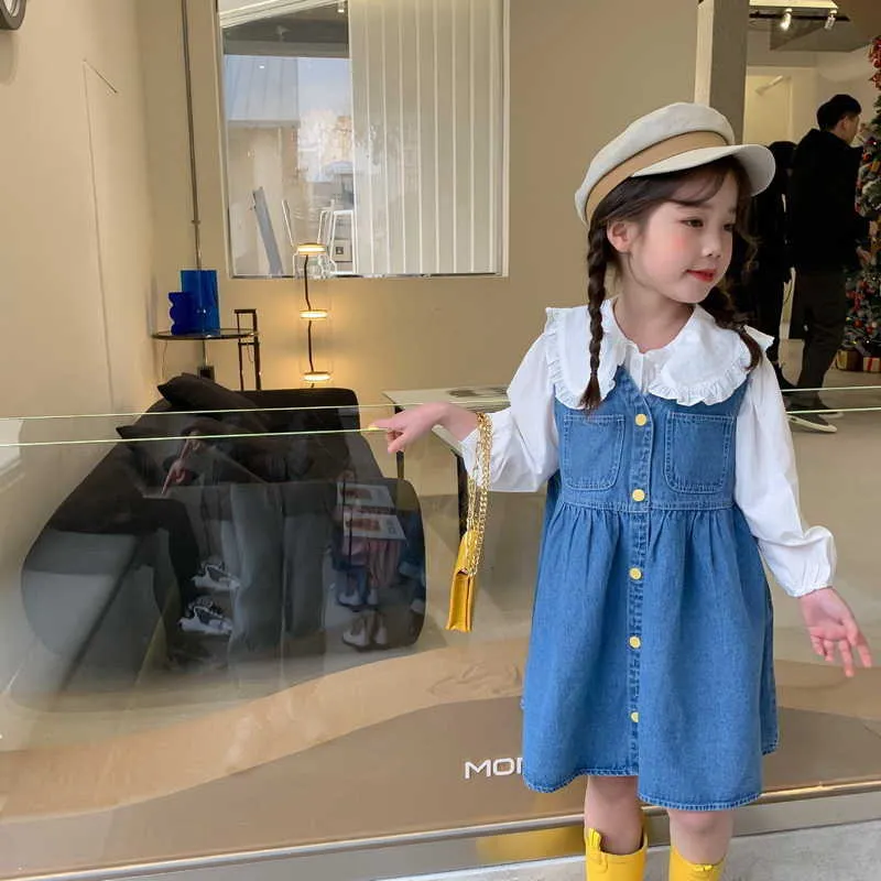 Korean Style Spring Kids Girls 2-pcs Sets White Peter Pan Collar Long Sleeves Shirts+Vest Denim Dress Clothes E019 210610