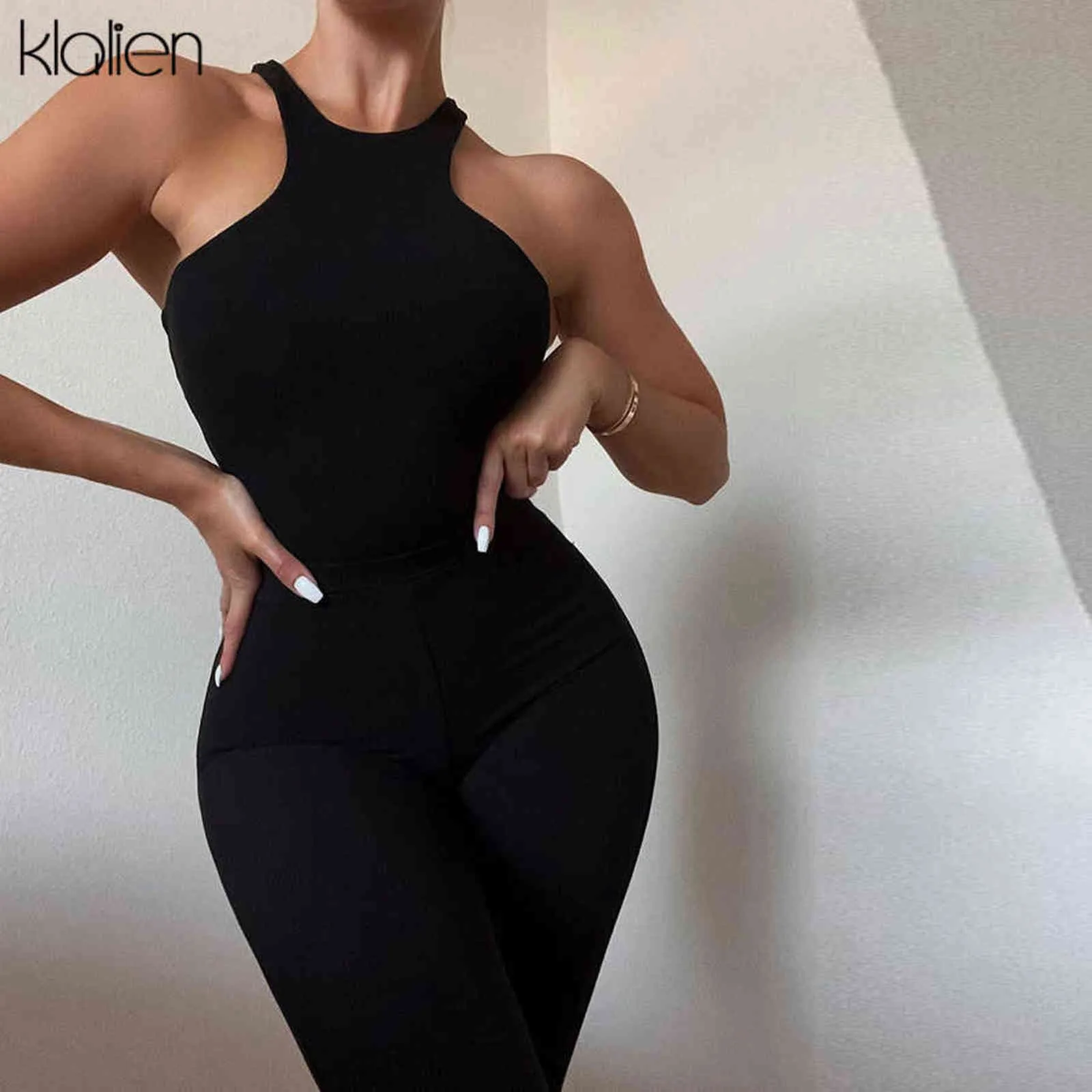 Klaien Summer Solid Slim Stretch Rib Knit Tank Top y pantalones Conjunto a juego Casual Streetwear Mujer Traje 211105