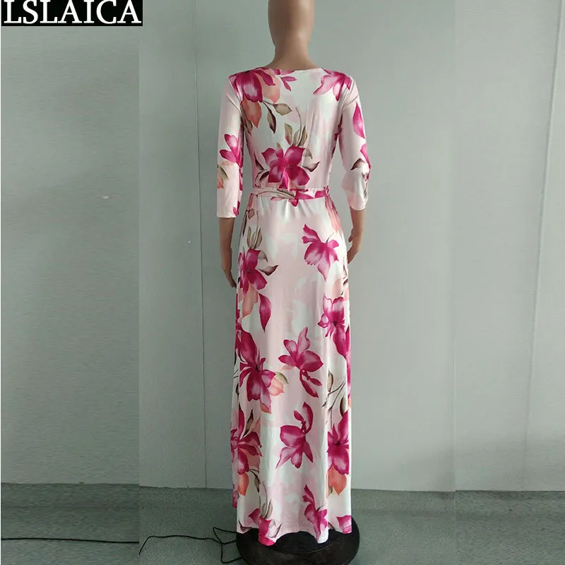 Boho Jesień Kobiety Sukienka Kwiatowy Drukuj Trzy Czwarty Rękaw V Neck Ladies Maxi Wysoka talia Sashes Beach Holiday Abiti 210515