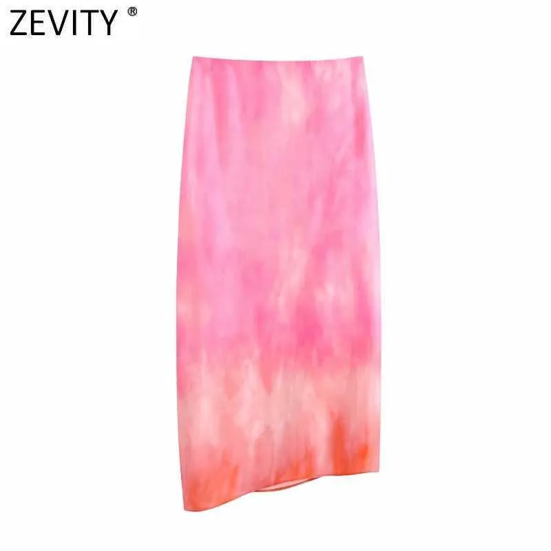Zevity Women Vintage Tie Dyed Stampa Design a pieghe Gonna sarong Faldas Mujer Donna Side Split Chic Slim Midi Vestidos QUN797 210629