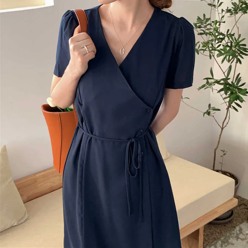 Minimalistisches Spitzenkleid Damen Sommer Kurzarm Midi-Länge Shirts Solide schicke Seitenknöpfe Elegante Vestidos 210601