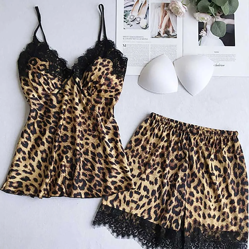 Leopard Print Women Set Lace Sexy Ice Silk Summer Shorts Ladies Satin Homewear Pajama Suits Robes Night Wear for Female Q0706