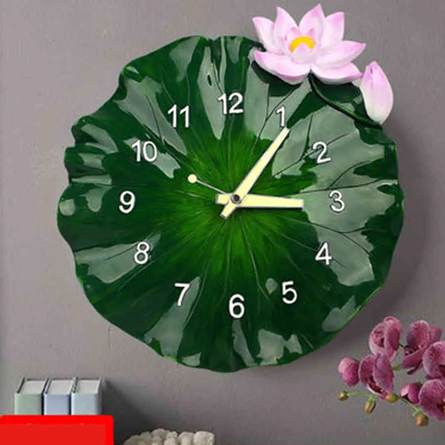 Stor 3D Creative Art Green Lotus Modern Design Silent Pastoral Kök Klocka Wanduhr Väggklockor Heminredning 210414