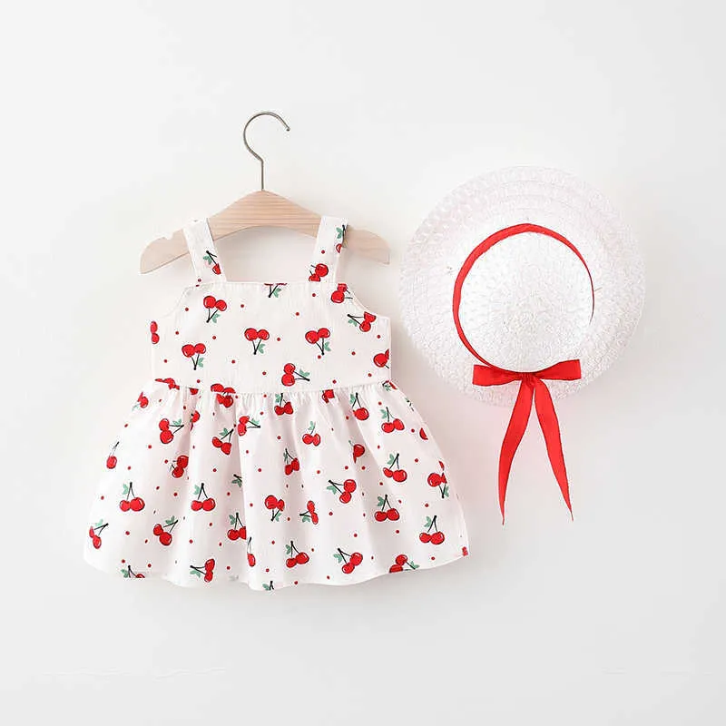 Kirschmuster Baby Mädchen Kleid Sommer ärmellose Baumwolle Kinder Kleid Geburtstag Party Baby Mode Schleife Kleid mit kostenlosen Hut Q0716