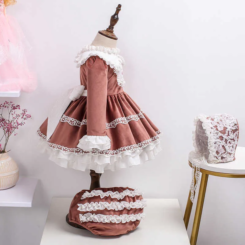 3 piezas bebé niña Vintage español vestido niños Lolita princesa vestidos para niñas España encaje arco vestido de fiesta de cumpleaños ropa 210615