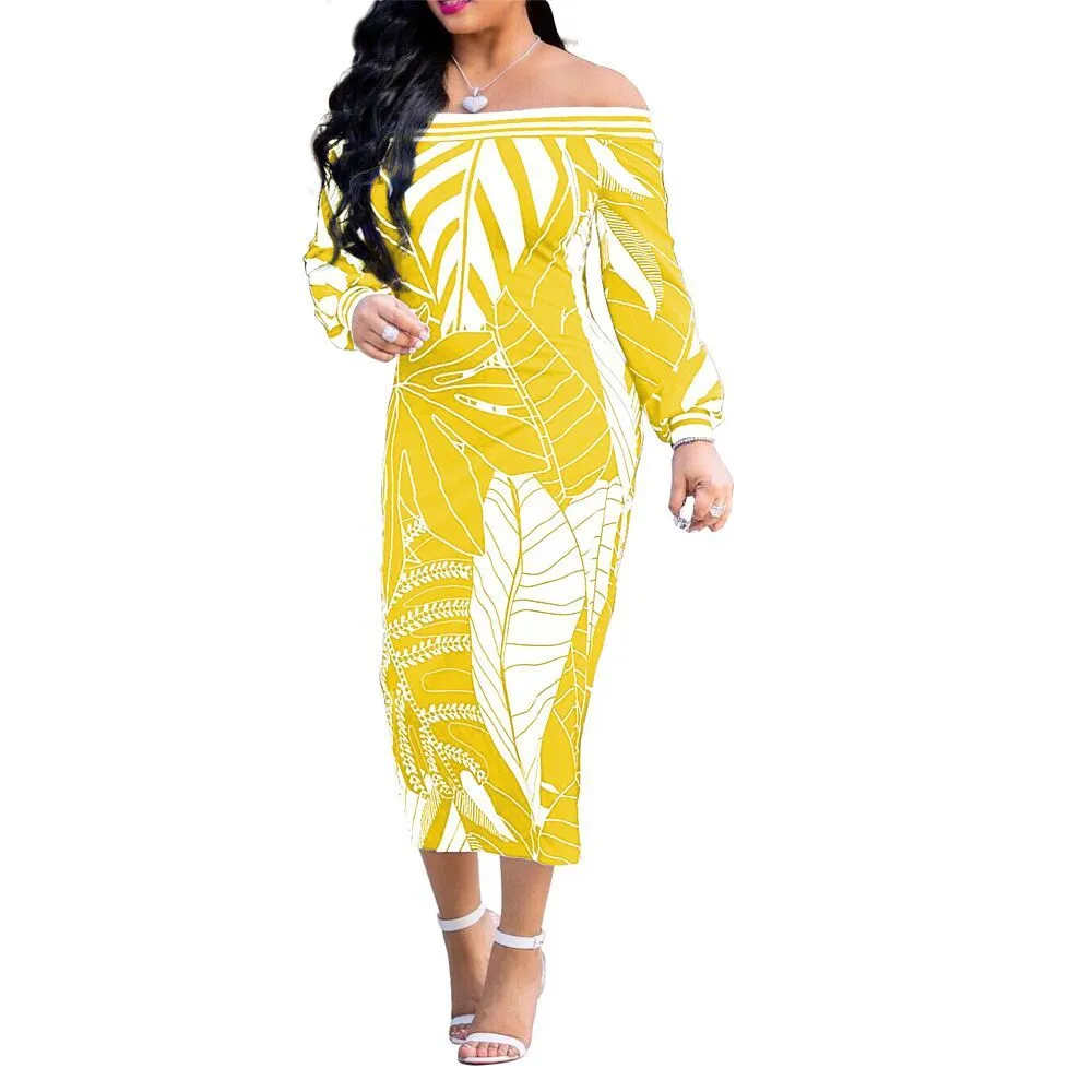 Sexy Off Shouder Robes Imprimé Midi Paquet Hanches Slim Longg Manches Femmes Mode Printemps Date Out Party Event Occasion Robes 210416