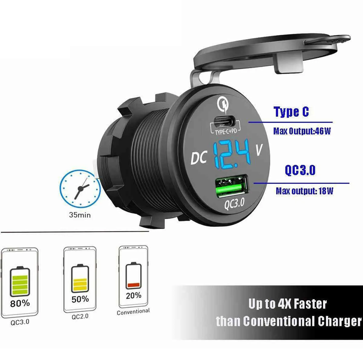 Wodoodporna 12 V 24V Typ C PD QC 3.0 USB Ładowarka samochodowa LED Voltmeter Zasilacz do Smart Telefon Tablet Łodzi Motocykl Nowy