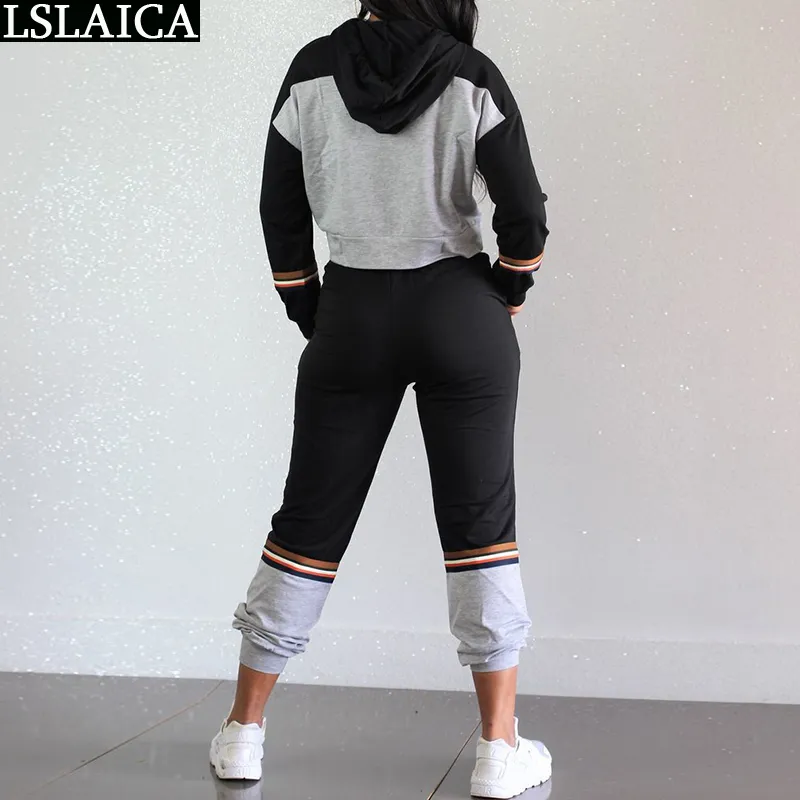 Jogging kostymer för kvinnor Colorblock Casual Hoodie Sweatshirtlong Pants Plus Size Outfits Streetwear Fashion Stick Two Piece Set 210520