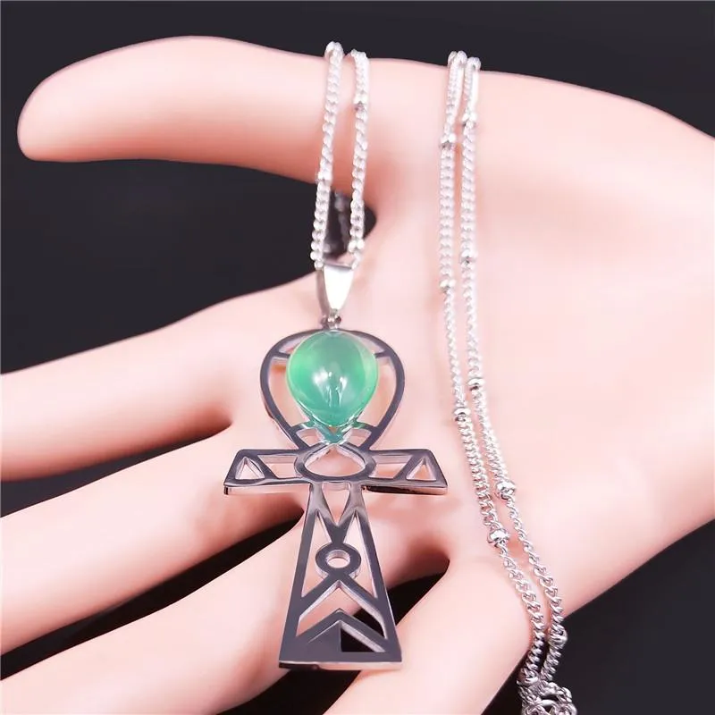 Egyptiska tvärs rostfritt stål Green Stone Charm -halsband för kvinnor Silver Color Jewelry Collier Femme NXS04 Pendant Halsband283e