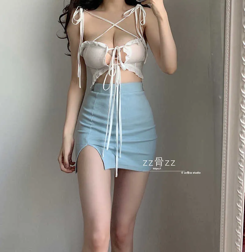 Womengaga Zomer Koreaanse Sweet Lace Up Bandage Vest Tank Ruche Sexy Dames Bralette Crop Top Tops Tuniek Boho Z8QC 210603