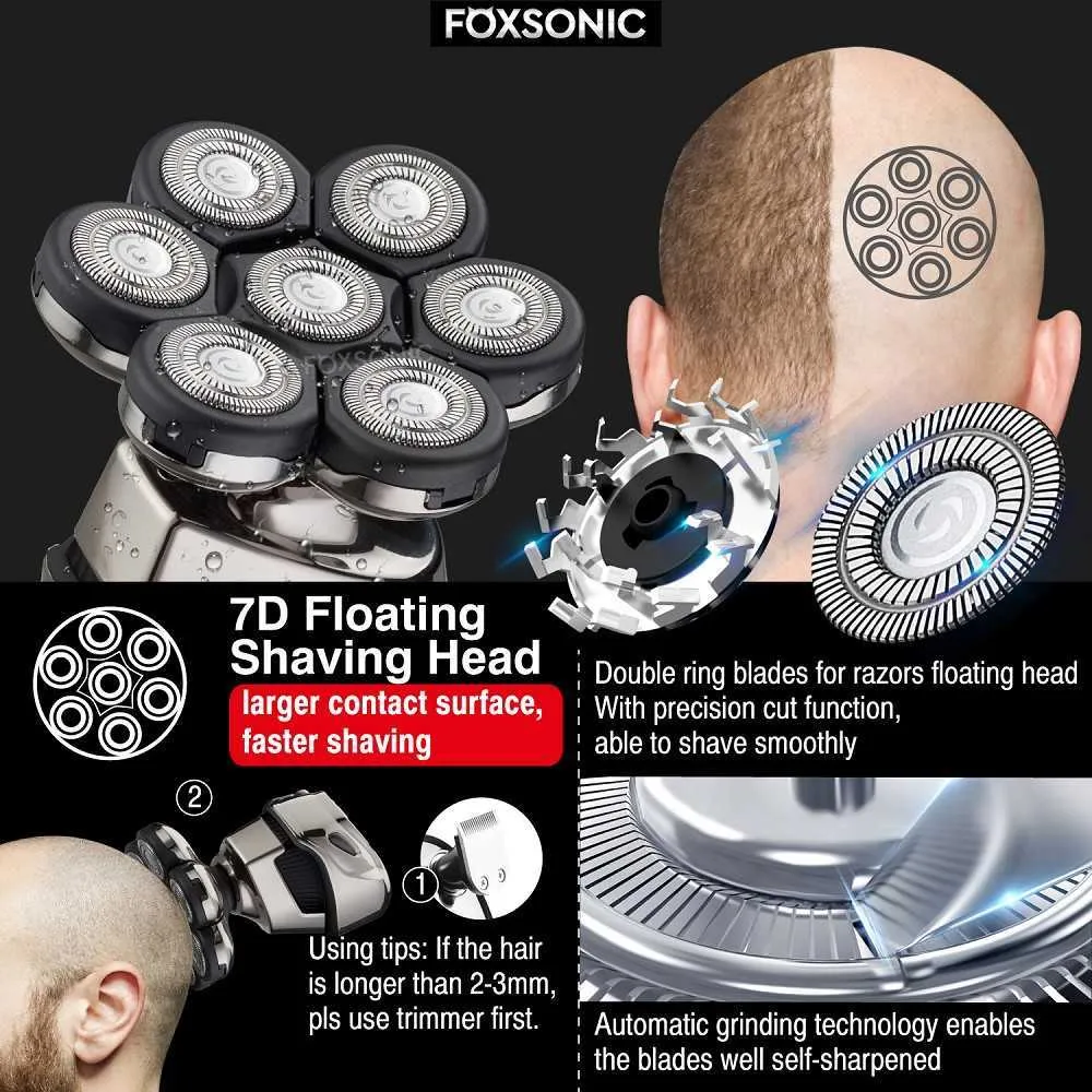 FoxSonic Electric Shaver Razor för herr trimmer våt och skallig huvud torr rakhyvel 7d huvud vattentät LED-display maskin för rakning p0817