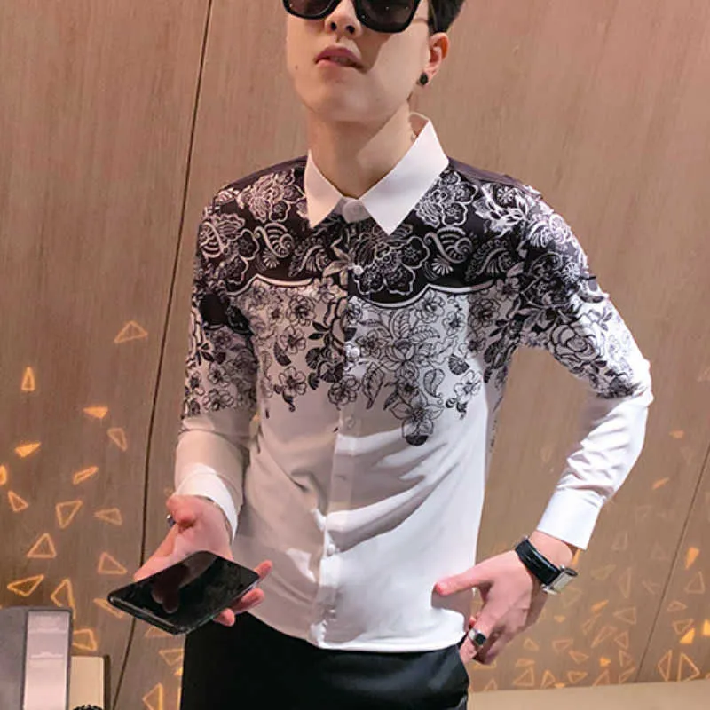 Baroque Shirt Men Long Sleeve Slim Fit Casual Mens Dress Shirts Spriing Print Streetwear Club Party Clothing Chemise Homme 210527