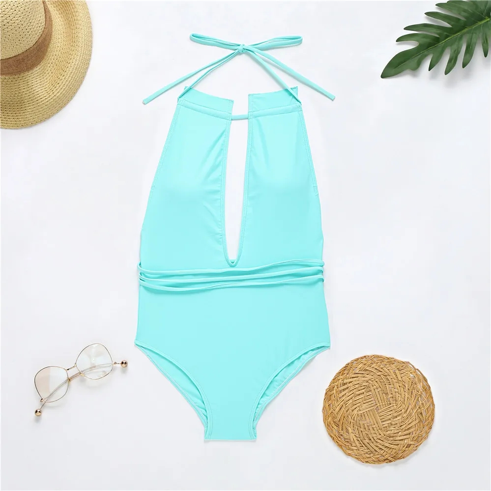 Solid Lila Grön Badkläder Djup V-Neck Push Up Plunge Criss Cross Baddräkt Beach Wear Backless Monokini 210520