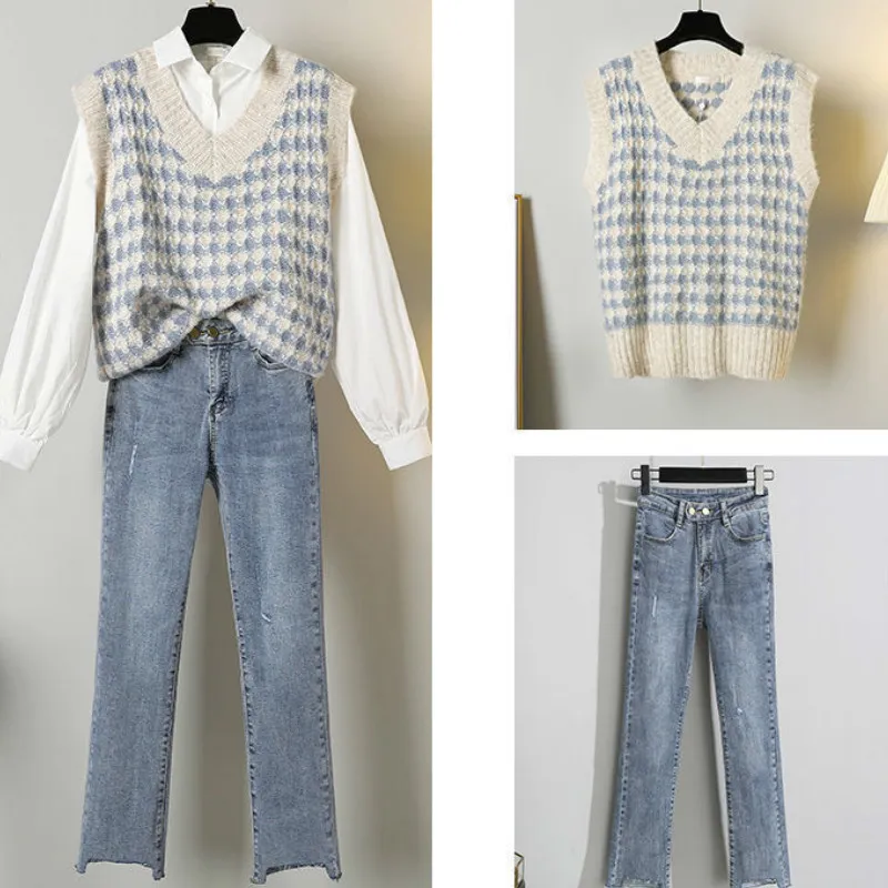 Women Sets Outfits Plus-size 3XL Elegant Fashion Office Ladies Simple All-match Shirt Retro Knitted Vest Straight Jeans X0428