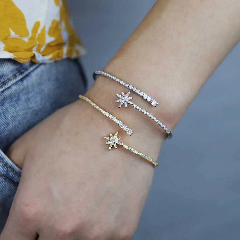 Neue Sommer Zirkonia Modeschmuck Angepasste Größe Offene Cz Shooting Star Armreif für Frauen Q0717