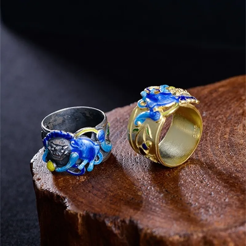 2021 anello vecchio blu bruciato femminile in argento 925 in stile etnico retrò