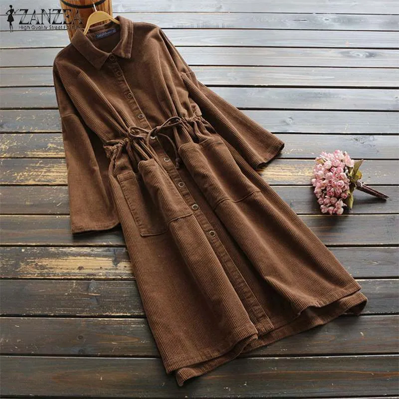 Vintage corduroy shirt jurk dames lente sundress zanzea lange mouw trekkoord vestidos vrouwelijke knop tuniek tops vestigans x0521