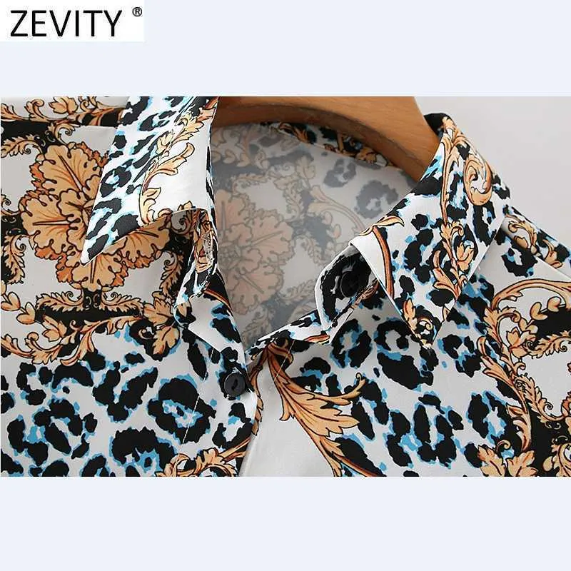 Zeefity Dames Vintage Leopard Patchwork Bloem Print Casual Smock Blouse Vrouwelijke Lange Mouwen Busines Shirts Blusas Tops LS7316 210603