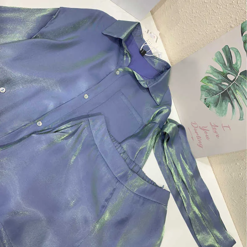 PERHAPS U Women Two Pieces Set Satin Shirt Blue Shorts Sash Polarized Light Colur T0244 210529